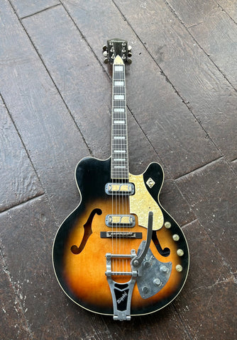 Sunburst 60's  Harmony H-66 Vibra Jet, hollow-body, gold foil pick-ups with ebony fretboard with black inlays, black headstock