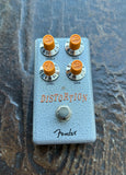 Fender Hammertone Distortion Pedal, grey metal pedal with four knob controls, single button metal switch