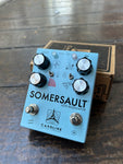 Light blue Caroline Guitar Company Somersault Lo-Fi Modulator, four knob controls, two button foot switch