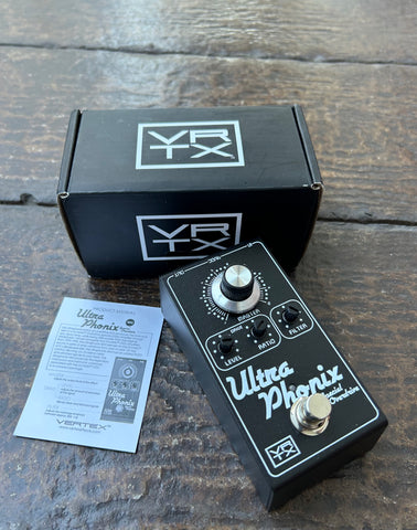 Vertex Effects Ultra Phonics Special Overdrive guitar pedal, black with three small controls and single knob controls and single button foot switch
