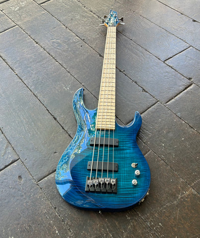 Blue Finish Kiesel five string bass with maple maple board and blue finish headstock