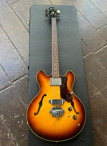 Sunburst 1967 Epiphone Rivoli EB232 hollowbody bass, with metal bridge and pick-up, with rosewood bridge, dot inlays and black headstock