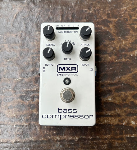 White MXR Bass compressor pedal, with five black knob controls and single metal button foot switch