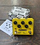 Benson Florist Yellow guitar pedal, five black control knobs, two button foot switch