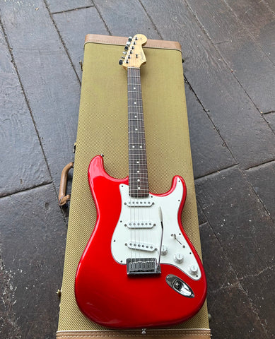 2003 Fender American Series Stratocaster, Chrome Red, white pickguard and pick ups, rosewood neck and maple headstock