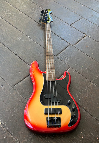 Squier Contemporary Active Precision Bass PH - Sunset Metallic, red yellow sunburst with back hardware and rosewood fretboard, with pearl dot inlay and black headstock