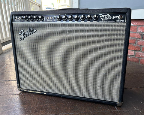 Fender 65 Twin Reverb reissue amplifier, black tolex, grey grill cloth, black control panel, ten knob control