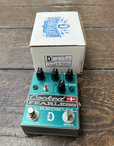 Daredevil Cocked & Fearless guitar pedal in green finish five black control knobs, two button foot switch
