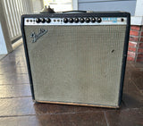 1969 Fender Super Reverb amplifier, black tolex, silver control panel ten control knobs and grey grill cloth