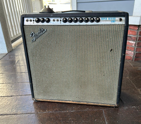 1969 Fender Super Reverb amplifier, black tolex, silver control panel ten control knobs and grey grill cloth