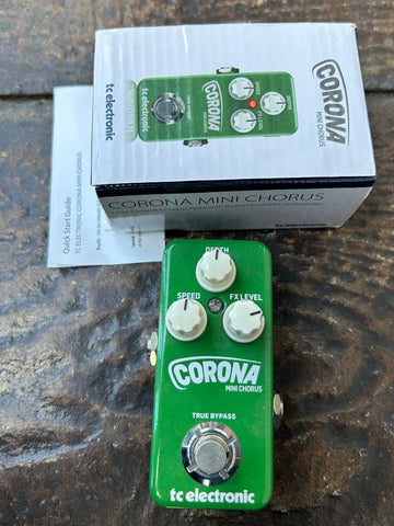 Green TC Electronic Corona Mini Chorus with three knob controls and single button footswitch