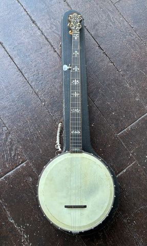 5-String Banjo Orpheum Banjo No. 3, white banjo head, with rosewood fretboard and custom pearl inlay design, with rosewood headstock and mother of pearl design in headstock