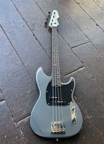 Schecter Banshee Bass Diamond Series grey finish, black pick guard and pick ups, chrome hardware and rosewood fretboard, maple headstock