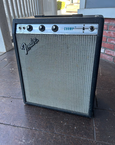 1981 Fender Champ in Musicmaster Bass Cab with black tolex, grey grill cloth and silver panel control panel with three control knobs