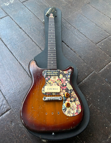 1965 Epiphone Olympic solid body electric guitar with sunburst finish and rosewood neck, black headstock