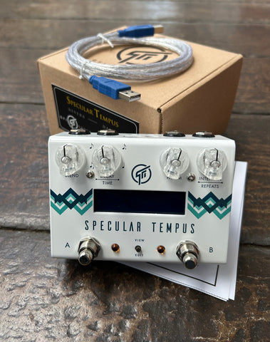 GFI System Specular Tempus Reverb and delay white guitar pedal with four knob controls and two button metal foot switches 