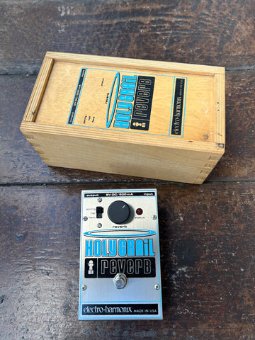 Electro-Harmonix Holy Grail reverb pedal, metal with blue script, single control knob and single button footswitch