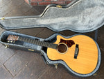 Top view, Martin acoustic in case spruce top, ebobny bridge,brown pick guard, dark fretboard with dot inlays, brown Martin headstock