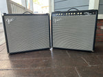 Fender amp and fender cabinet, black tolex, grey grill cloth