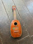 Koa Ukulele with pineapple  stencil art on body, koa neck with stripe inlay, blue label headstock