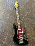 Black Squier Bass Six guitar, red pickguard, rosewood neck, pearl block inlay, maple headstock