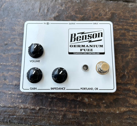 Benson Germanium Fuzz Snow White guitar pedal with three control knobs and single button footwitch