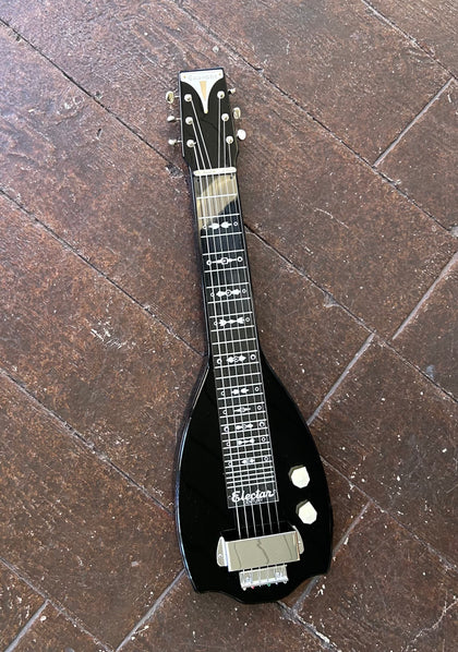 Black Electar lap steel guitar, with laps steel fretboard design and black headstock