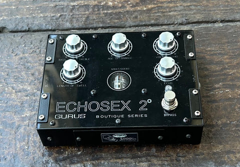 GURUS Echosex 2 black guitar effects pedal in black metal enclosure, five silver knobs and single button footswitch