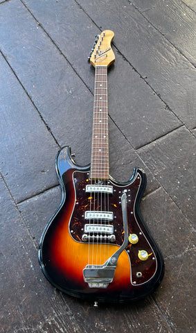 Brown sunburst 1960s Teisco Samiel electric guitar, three pick-ups, rosewood fretboard and maple headstock