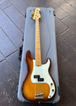 2021 Fender 75th Anniversary Commemorative Precision Bass Bourbon burst with maple fretboard and headstock and white pick-guard. Gold hardware