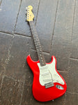 Chrome red Fender Stratocaster with white pickguard, rosewood neck, maple headstock