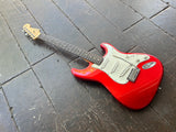 Chrome red Fender Stratocaster with white pickguard, rosewood neck, maple headstock