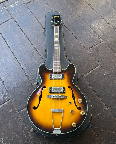 70's Ventura semi hollow guitar 335 style Sunburst finish, rosewood fretboard with pearl block inlays and black headstock, metal hardware and pick ups