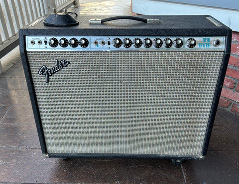 1976 Fender Twin Reverb guitar amplifier, black tolex, grey grill cloth, metal control panel with twelve black nob controls