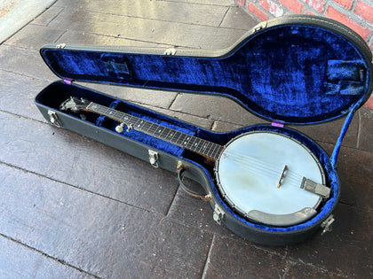 1970's Wildwood Banjo, white head, ebony fretboard with pearl inlays, black headstock